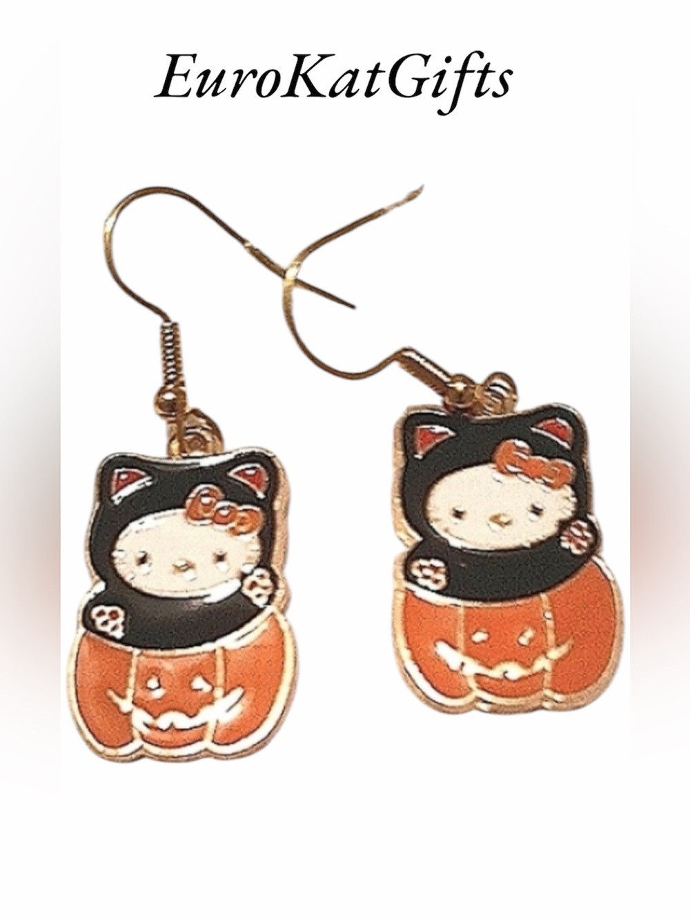 CUTE Hello Kitty Black Cat Pumpkin Dangle Earrings Gold Enamel Stainless NEW NWT